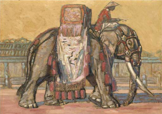 Paul JOUVE (1878-1973) - Éléphant marchant avec howdah, vers 1925.